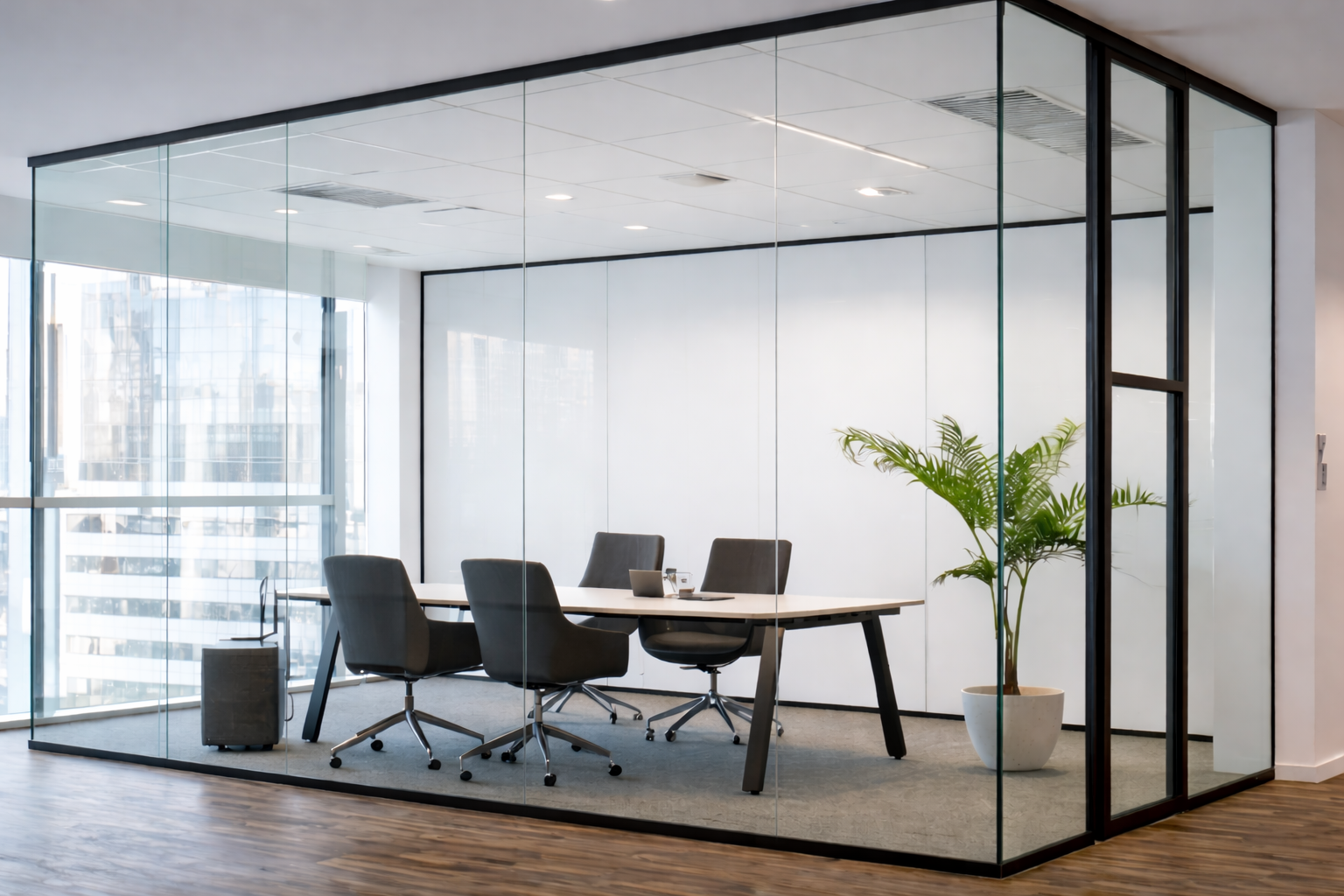 Büro mit transparenter Glaswand ohne Sichtschutz
